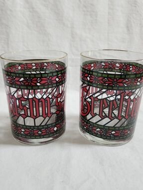 Set of 2 Festive Stained Glass Style Holiday Glasses - Red & Green